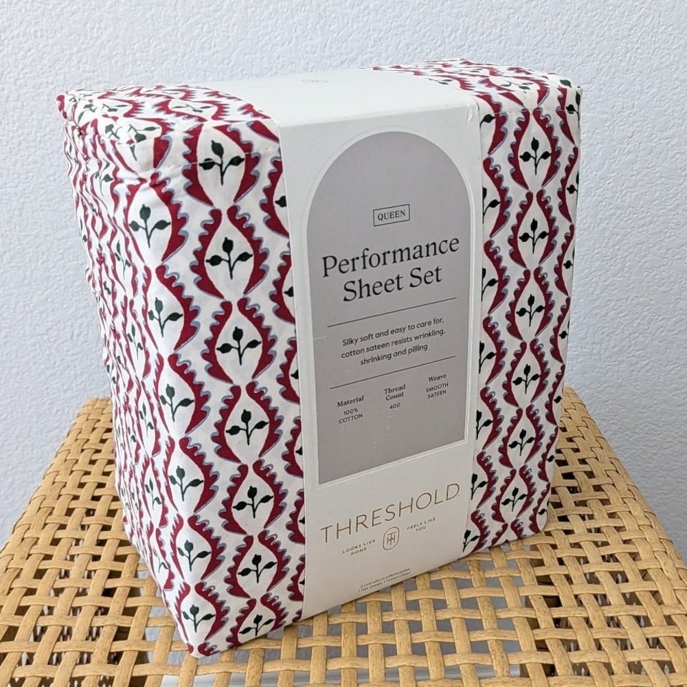 New Threshold Performance Sheet Set Woodblock Leaf 400 Thread Count Queen